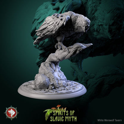 Render of Sirin | 32mm Slavic Bird-Woman Miniatures: Six woman-headed sirin birds on branches and stones, from White Werewolf's Spirits of Slavic Myth. 32mm 3D printed resin folklore, single or full set.