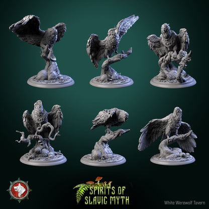 Render of Sirin | 32mm Slavic Bird-Woman Miniatures: Six woman-headed sirin birds on branches and stones, from White Werewolf's Spirits of Slavic Myth. 32mm 3D printed resin folklore, single or full set.