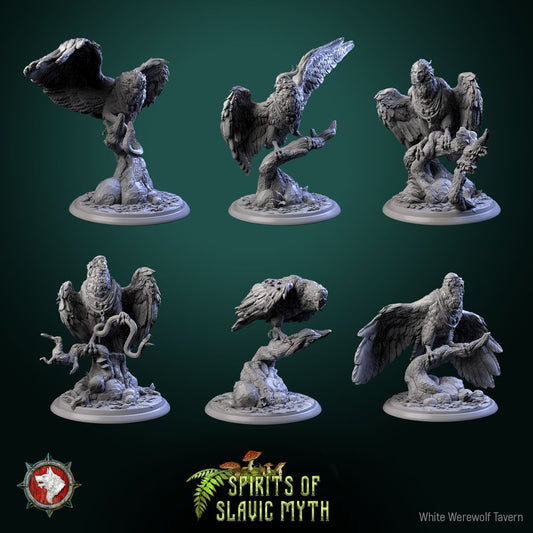 Render of Sirin | 32mm Slavic Bird-Woman Miniatures: Six woman-headed sirin birds on branches and stones, from White Werewolf's Spirits of Slavic Myth. 32mm 3D printed resin folklore, single or full set.