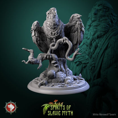 Render of Sirin | 32mm Slavic Bird-Woman Miniatures: Six woman-headed sirin birds on branches and stones, from White Werewolf's Spirits of Slavic Myth. 32mm 3D printed resin folklore, single or full set.