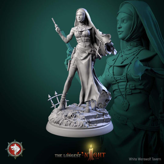 Render of Sister of the Hunt Display Model | 75mm Nun Huntress: Nun huntress with raised pistol, rosaries, and blessed key over ruin ground, from White Werewolf's The Longest Night. 75mm 3D printed resin display model.
