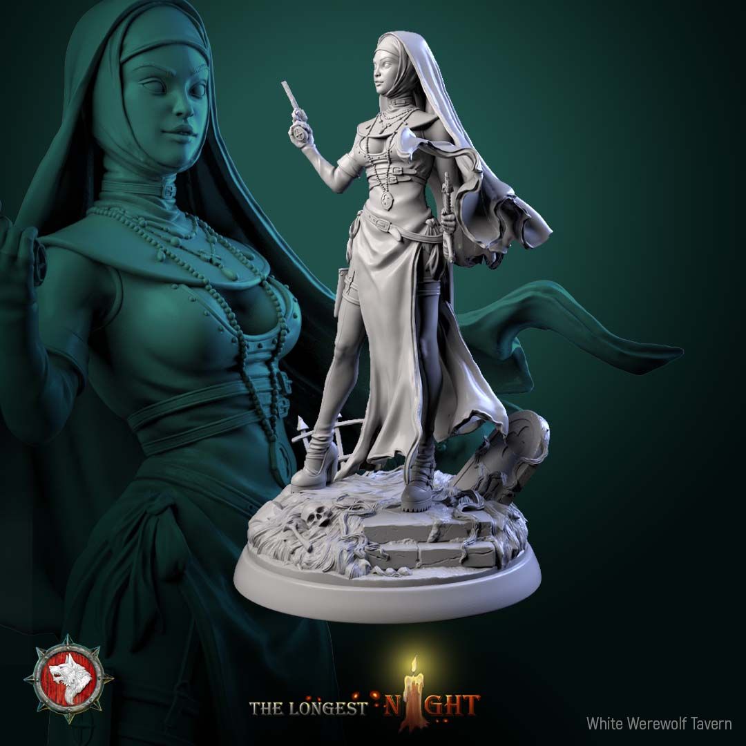 Render of Sister of the Hunt Display Model | 75mm Nun Huntress: Nun huntress with raised pistol, rosaries, and blessed key over ruin ground, from White Werewolf's The Longest Night. 75mm 3D printed resin display model.