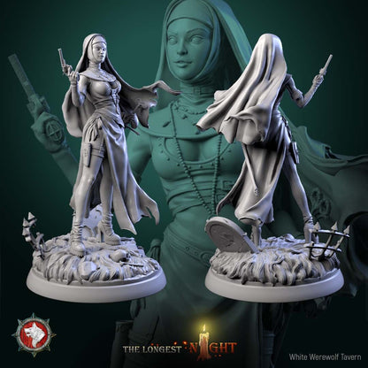 Render of Sister of the Hunt Display Model | 75mm Nun Huntress: Nun huntress with raised pistol, rosaries, and blessed key over ruin ground, from White Werewolf's The Longest Night. 75mm 3D printed resin display model.