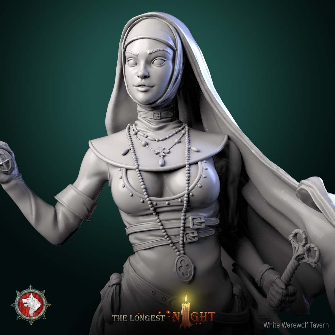 Render of Sister of the Hunt Display Model | 75mm Nun Huntress: Nun huntress with raised pistol, rosaries, and blessed key over ruin ground, from White Werewolf's The Longest Night. 75mm 3D printed resin display model.