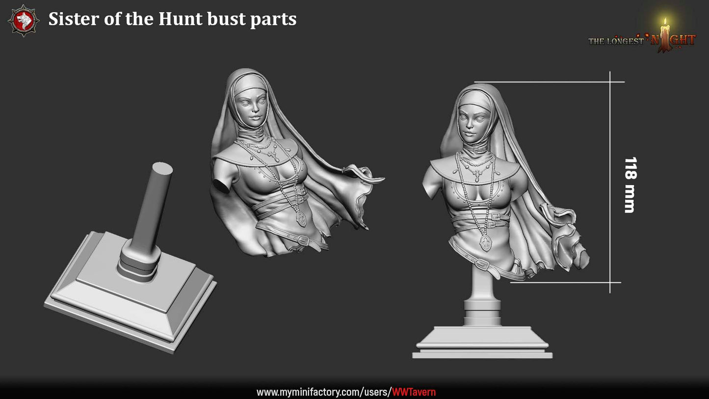 Render of Sister of the Hunt Bust | Nun Huntress Collector Bust: Nun huntress bust in habit and veil with rosaries and clover medallion, from White Werewolf's The Longest Night. 3D printed resin collector bust.
