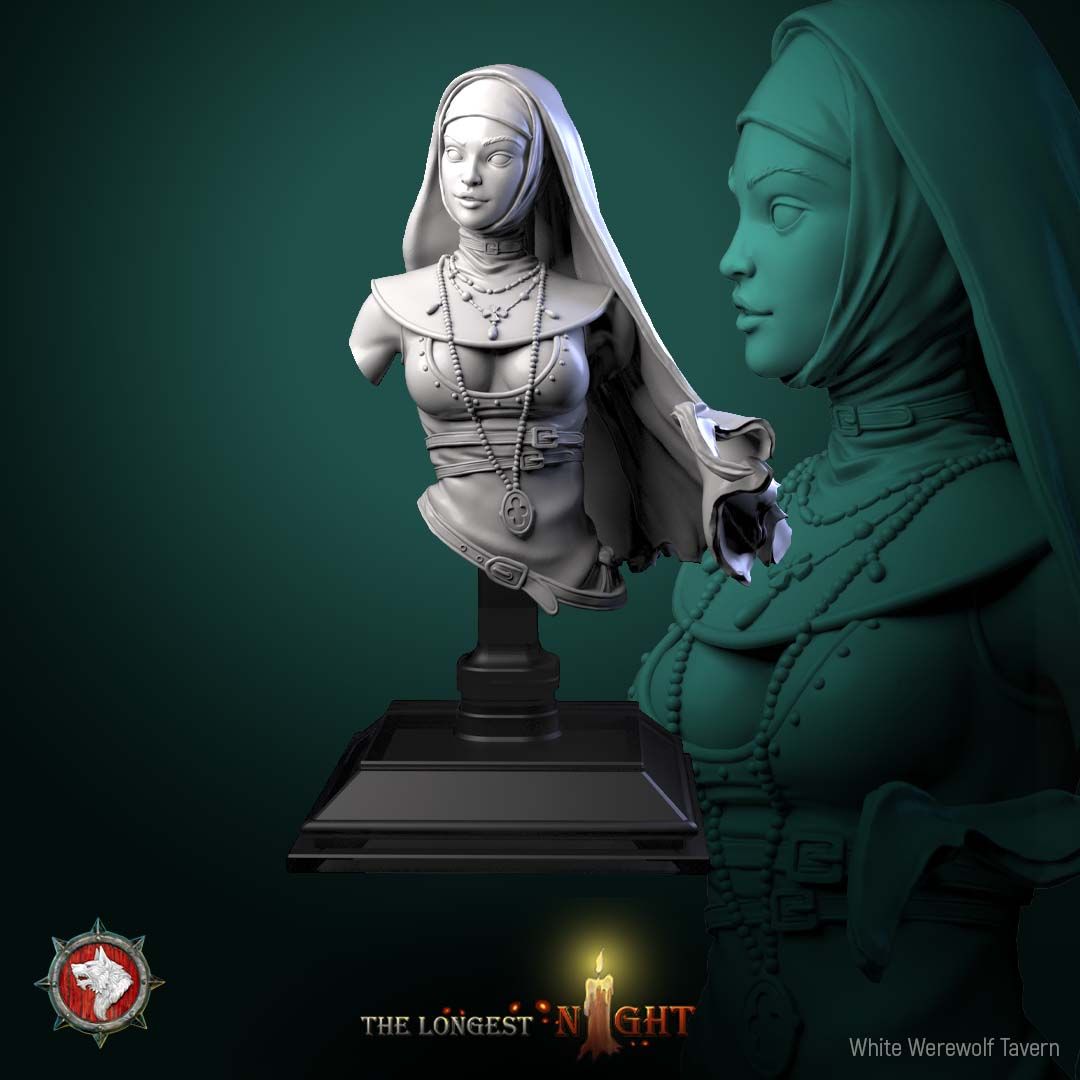 Render of Sister of the Hunt Bust | Nun Huntress Collector Bust: Nun huntress bust in habit and veil with rosaries and clover medallion, from White Werewolf's The Longest Night. 3D printed resin collector bust.
