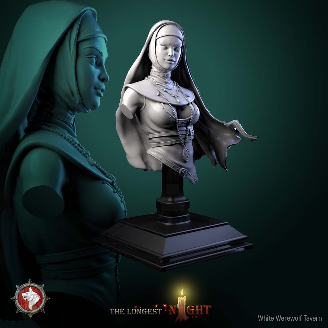 Render of Sister of the Hunt Bust | Nun Huntress Collector Bust: Nun huntress bust in habit and veil with rosaries and clover medallion, from White Werewolf's The Longest Night. 3D printed resin collector bust.