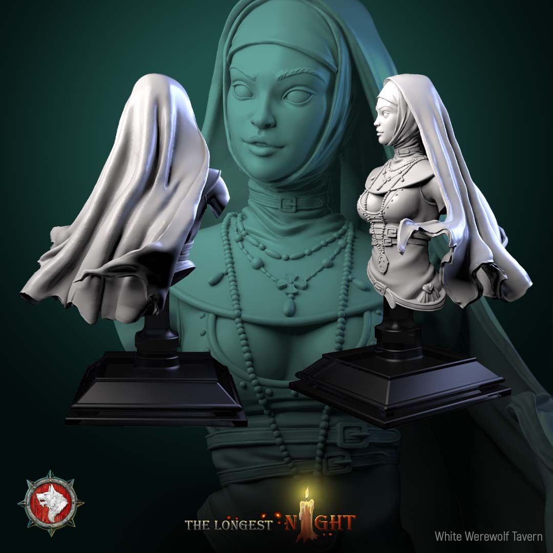 Render of Sister of the Hunt Bust | Nun Huntress Collector Bust: Nun huntress bust in habit and veil with rosaries and clover medallion, from White Werewolf's The Longest Night. 3D printed resin collector bust.