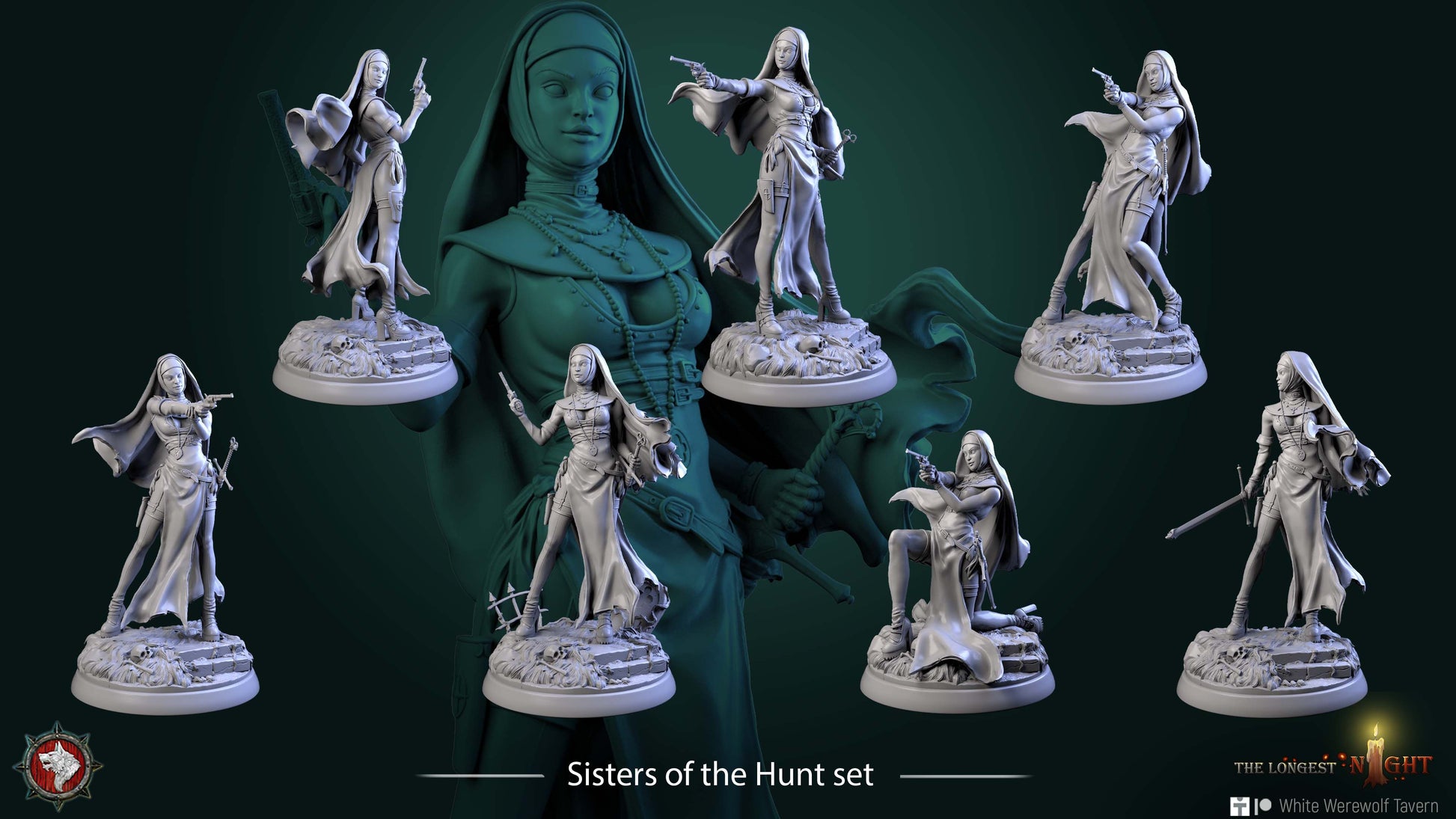 Render of Sisters of the Hunt | 32mm Nun Huntress Miniatures: Seven nun huntresses with pistols, blessed blades, and rosaries on ruin rounds, from White Werewolf's The Longest Night. 32mm resin, single or set.