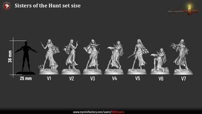 Render of Sisters of the Hunt | 32mm Nun Huntress Miniatures: Seven nun huntresses with pistols, blessed blades, and rosaries on ruin rounds, from White Werewolf's The Longest Night. 32mm resin, single or set.