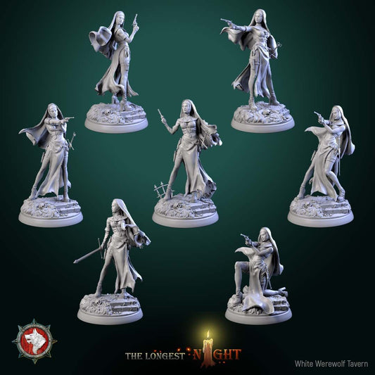 Render of Sisters of the Hunt | 32mm Nun Huntress Miniatures: Seven nun huntresses with pistols, blessed blades, and rosaries on ruin rounds, from White Werewolf's The Longest Night. 32mm resin, single or set.