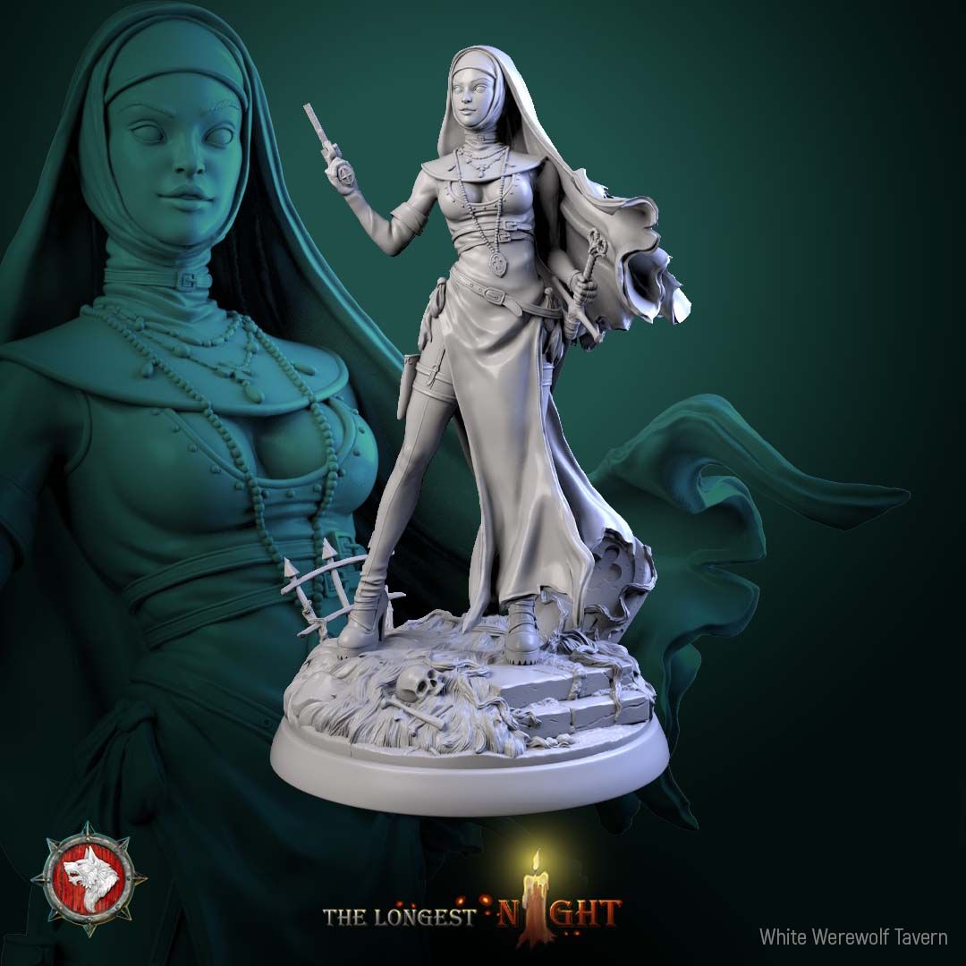 Render of Sisters of the Hunt | 32mm Nun Huntress Miniatures: Seven nun huntresses with pistols, blessed blades, and rosaries on ruin rounds, from White Werewolf's The Longest Night. 32mm resin, single or set.