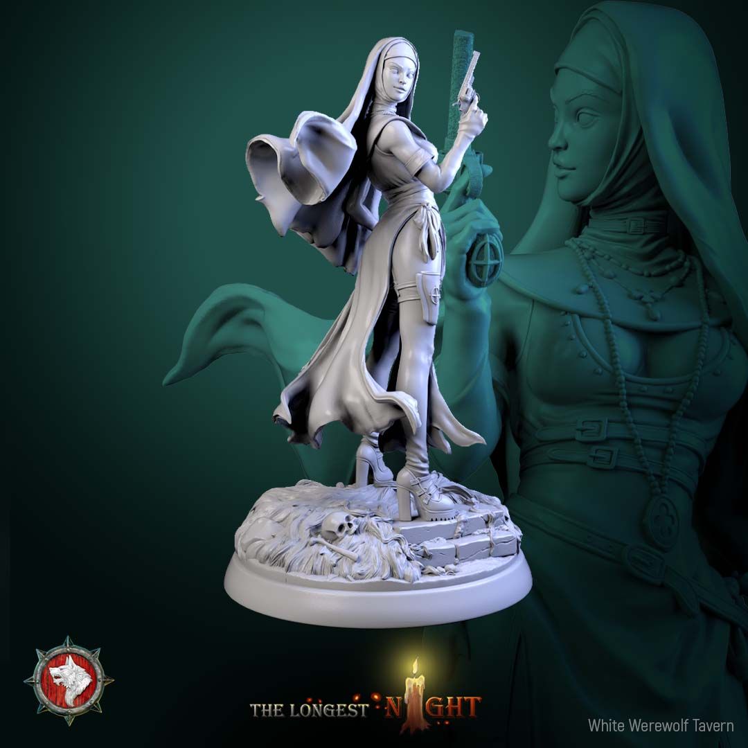Render of Sisters of the Hunt | 32mm Nun Huntress Miniatures: Seven nun huntresses with pistols, blessed blades, and rosaries on ruin rounds, from White Werewolf's The Longest Night. 32mm resin, single or set.