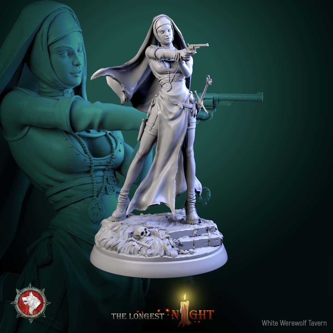 Render of Sisters of the Hunt | 32mm Nun Huntress Miniatures: Seven nun huntresses with pistols, blessed blades, and rosaries on ruin rounds, from White Werewolf's The Longest Night. 32mm resin, single or set.