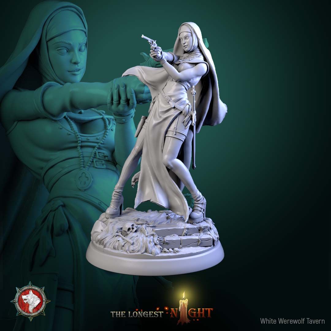 Render of Sisters of the Hunt | 32mm Nun Huntress Miniatures: Seven nun huntresses with pistols, blessed blades, and rosaries on ruin rounds, from White Werewolf's The Longest Night. 32mm resin, single or set.