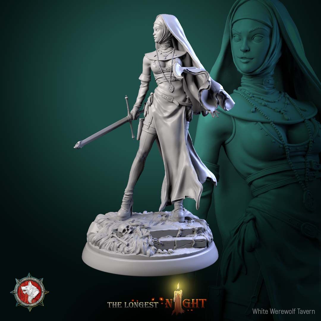 Render of Sisters of the Hunt | 32mm Nun Huntress Miniatures: Seven nun huntresses with pistols, blessed blades, and rosaries on ruin rounds, from White Werewolf's The Longest Night. 32mm resin, single or set.