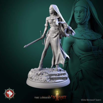 Render of Sisters of the Hunt | 32mm Nun Huntress Miniatures: Seven nun huntresses with pistols, blessed blades, and rosaries on ruin rounds, from White Werewolf's The Longest Night. 32mm resin, single or set.