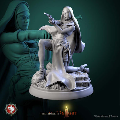 Render of Sisters of the Hunt | 32mm Nun Huntress Miniatures: Seven nun huntresses with pistols, blessed blades, and rosaries on ruin rounds, from White Werewolf's The Longest Night. 32mm resin, single or set.
