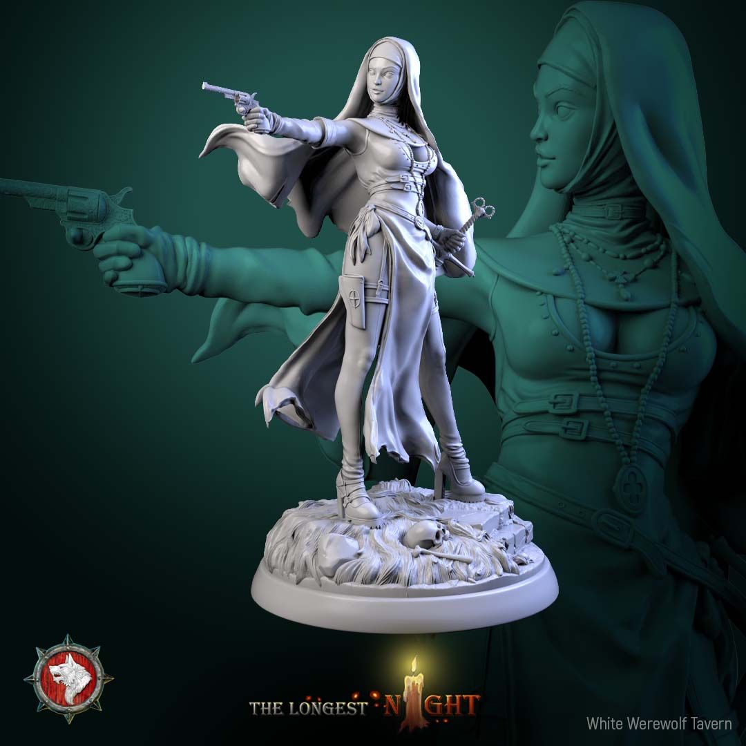 Render of Sisters of the Hunt | 32mm Nun Huntress Miniatures: Seven nun huntresses with pistols, blessed blades, and rosaries on ruin rounds, from White Werewolf's The Longest Night. 32mm resin, single or set.