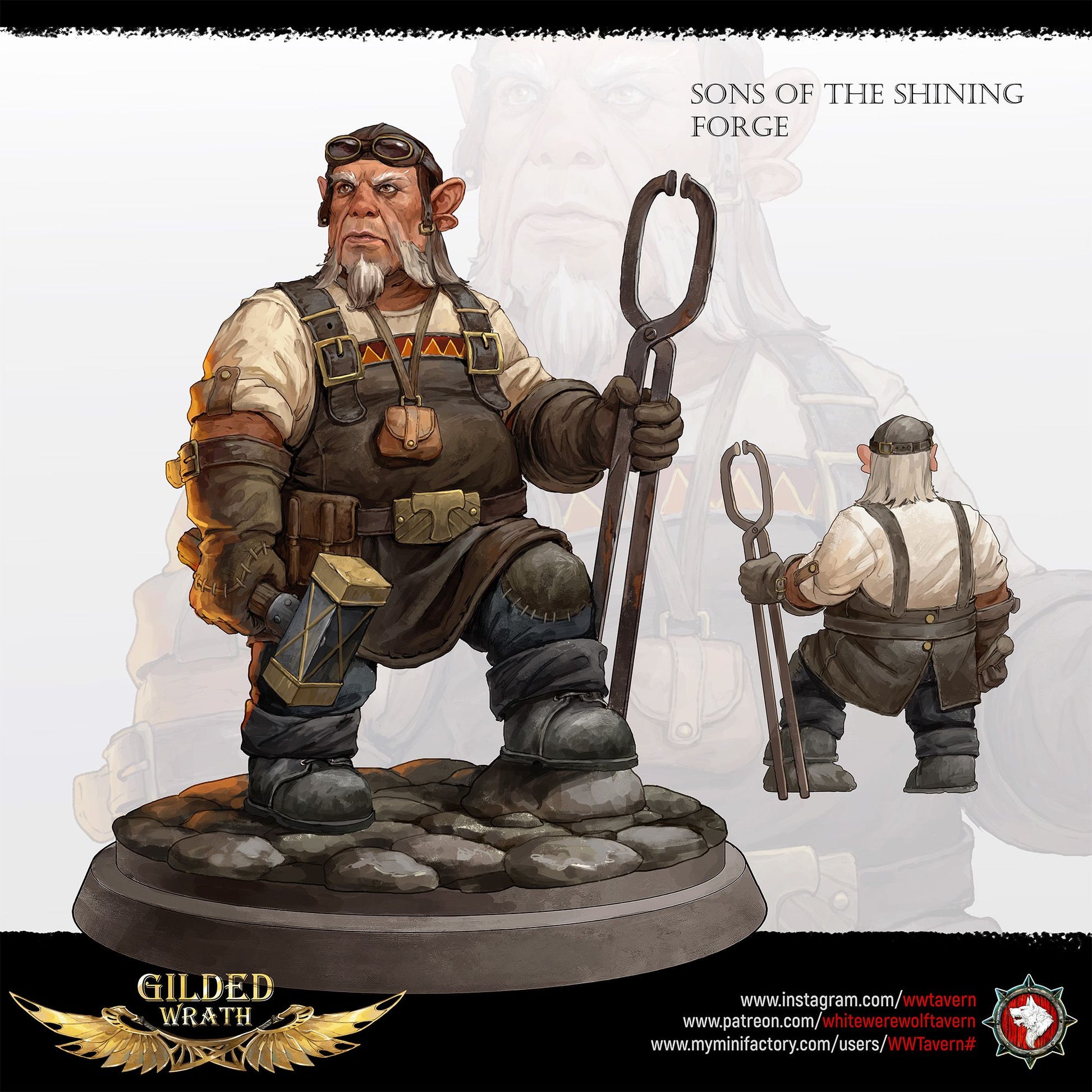 Render of Sons of the Shining Forge | 32mm Smith Miniatures: Six bearded forge smiths with sledgehammers and tongs, from White Werewolf's Gilded Wrath. 32mm 3D printed resin craftsmen, single or full set.