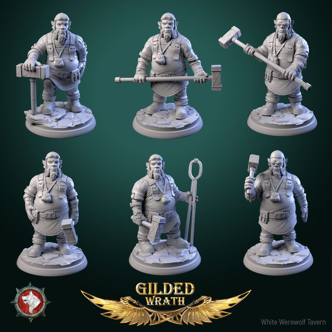 Render of Sons of the Shining Forge | 32mm Smith Miniatures: Six bearded forge smiths with sledgehammers and tongs, from White Werewolf's Gilded Wrath. 32mm 3D printed resin craftsmen, single or full set.