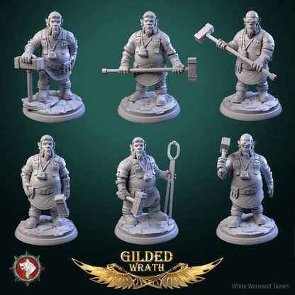 Render of Sons of the Shining Forge | 32mm Smith Miniatures: Six bearded forge smiths with sledgehammers and tongs, from White Werewolf's Gilded Wrath. 32mm 3D printed resin craftsmen, single or full set.
