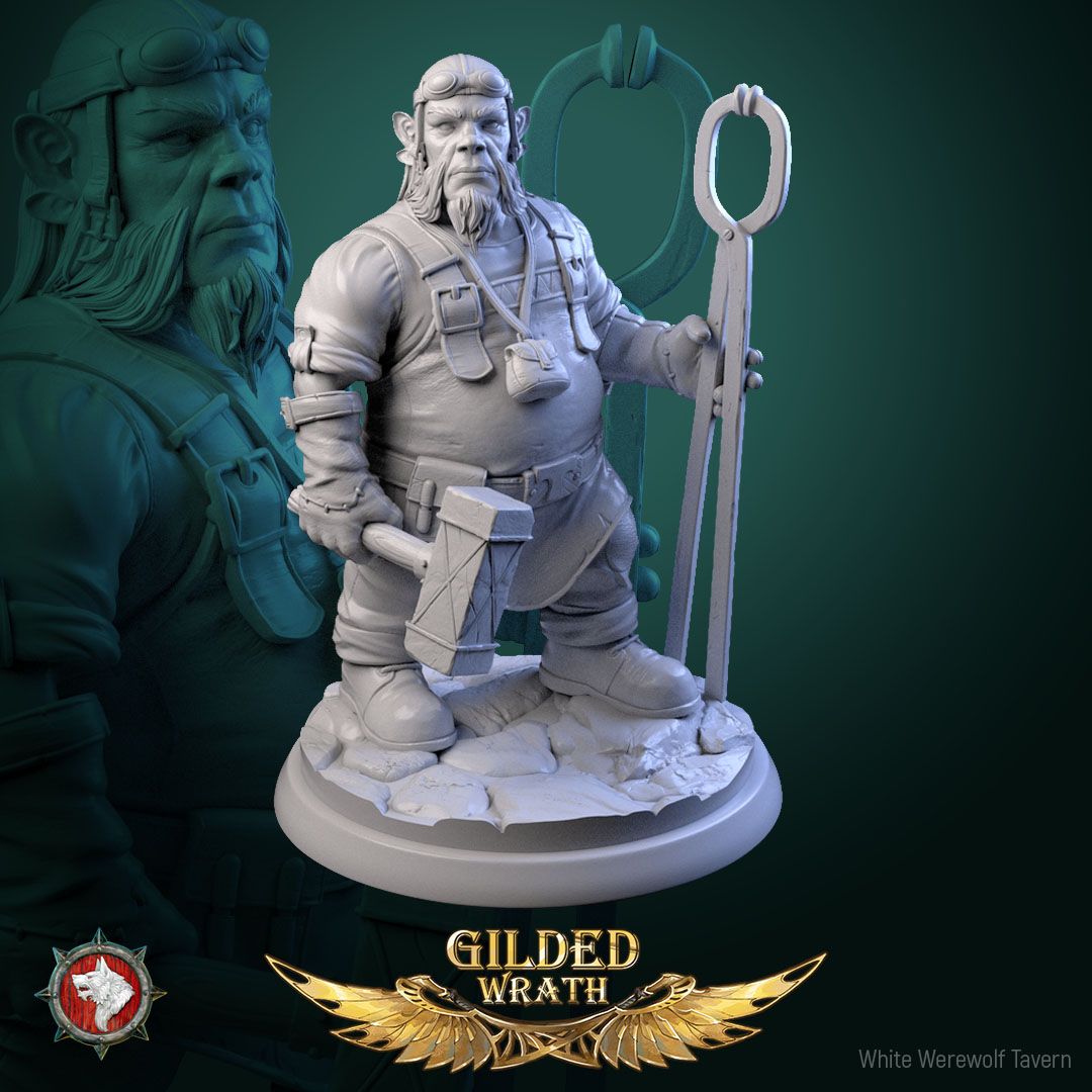 Render of Sons of the Shining Forge | 32mm Smith Miniatures: Six bearded forge smiths with sledgehammers and tongs, from White Werewolf's Gilded Wrath. 32mm 3D printed resin craftsmen, single or full set.
