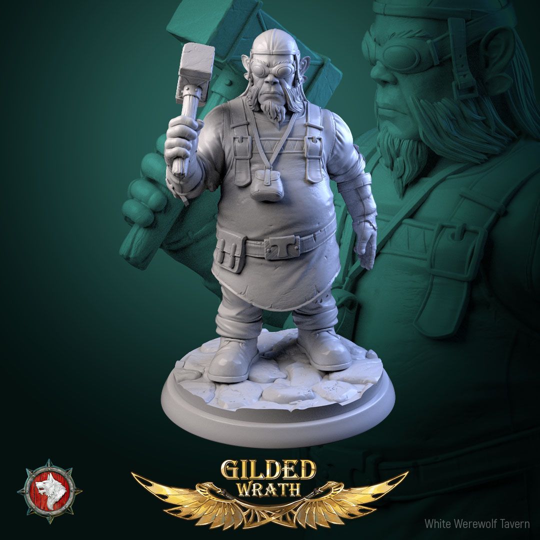 Render of Sons of the Shining Forge | 32mm Smith Miniatures: Six bearded forge smiths with sledgehammers and tongs, from White Werewolf's Gilded Wrath. 32mm 3D printed resin craftsmen, single or full set.