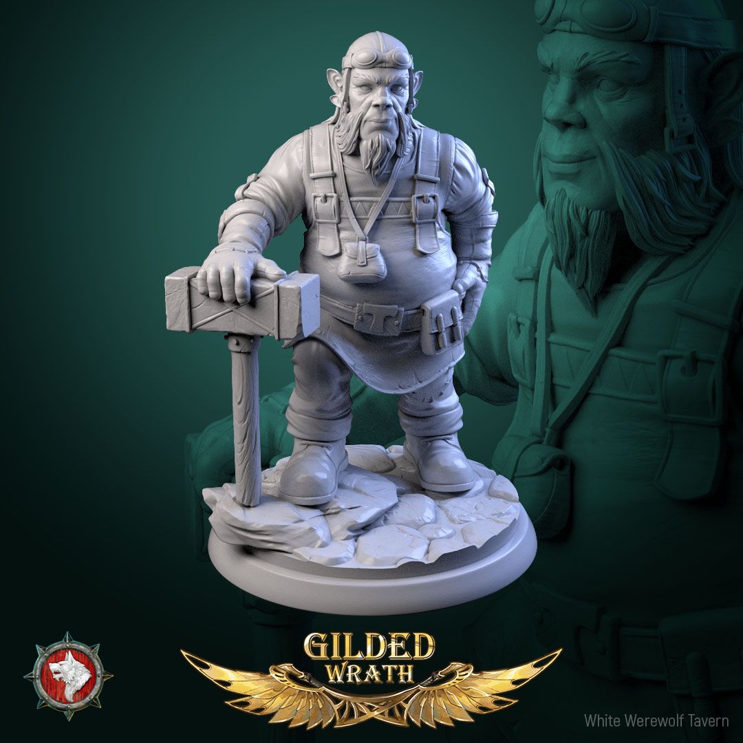 Render of Sons of the Shining Forge | 32mm Smith Miniatures: Six bearded forge smiths with sledgehammers and tongs, from White Werewolf's Gilded Wrath. 32mm 3D printed resin craftsmen, single or full set.