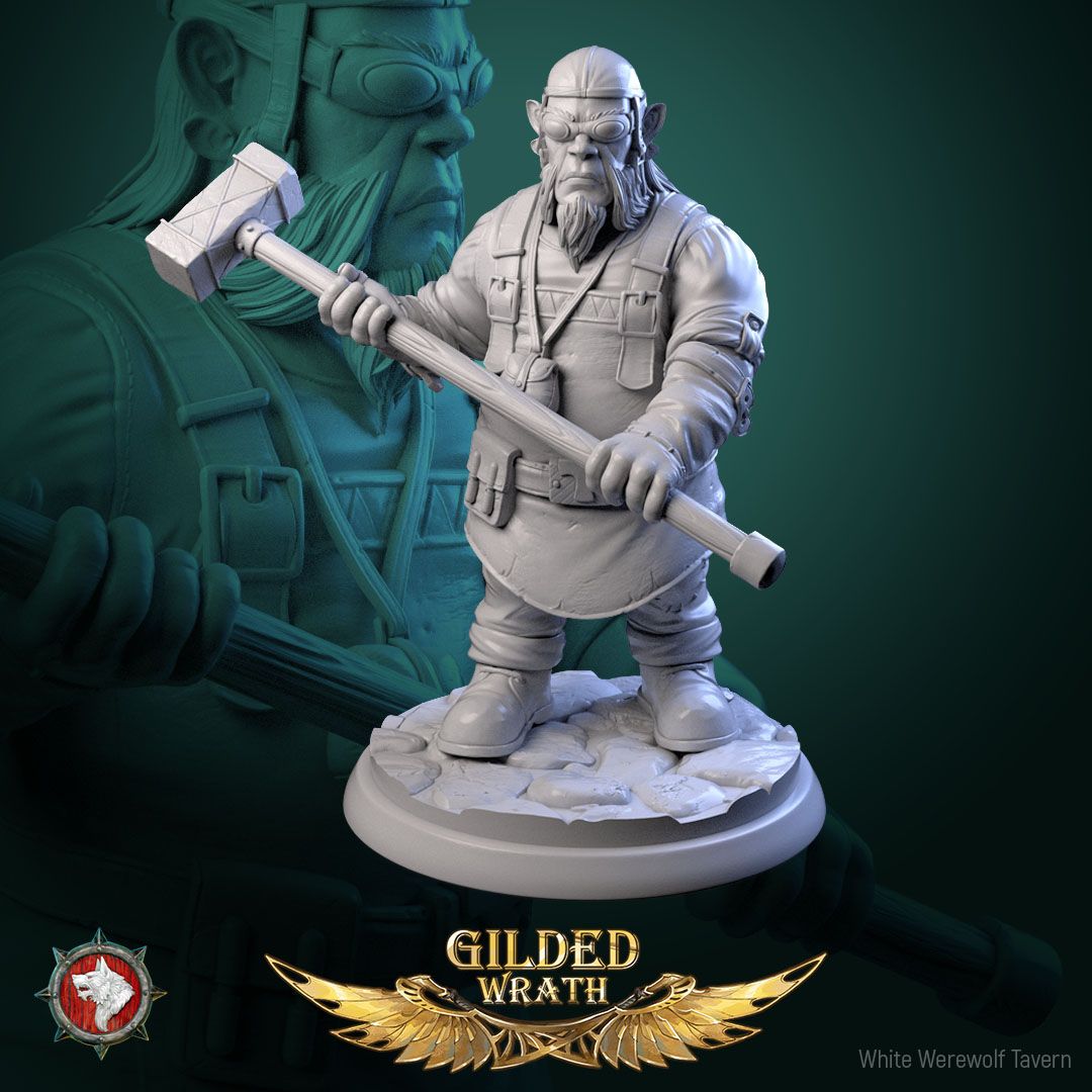Render of Sons of the Shining Forge | 32mm Smith Miniatures: Six bearded forge smiths with sledgehammers and tongs, from White Werewolf's Gilded Wrath. 32mm 3D printed resin craftsmen, single or full set.
