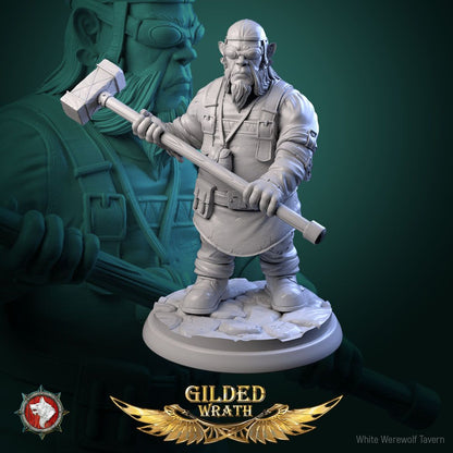 Render of Sons of the Shining Forge | 32mm Smith Miniatures: Six bearded forge smiths with sledgehammers and tongs, from White Werewolf's Gilded Wrath. 32mm 3D printed resin craftsmen, single or full set.