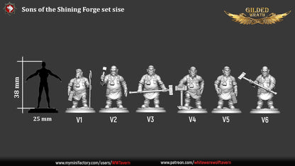 Render of Sons of the Shining Forge | 32mm Smith Miniatures: Six bearded forge smiths with sledgehammers and tongs, from White Werewolf's Gilded Wrath. 32mm 3D printed resin craftsmen, single or full set.