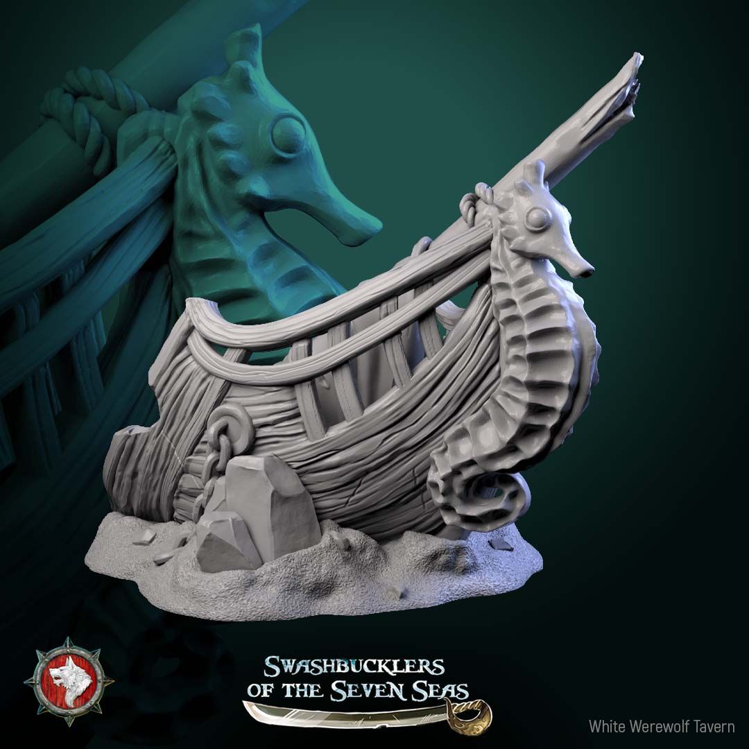 Render of Sunken Ship | 32mm Shipwreck Terrain Piece: Wrecked boat with seahorse figurehead, broken mast, and skull on a sand bank, from White Werewolf's Swashbucklers of the Seven Seas. 32mm resin terrain.