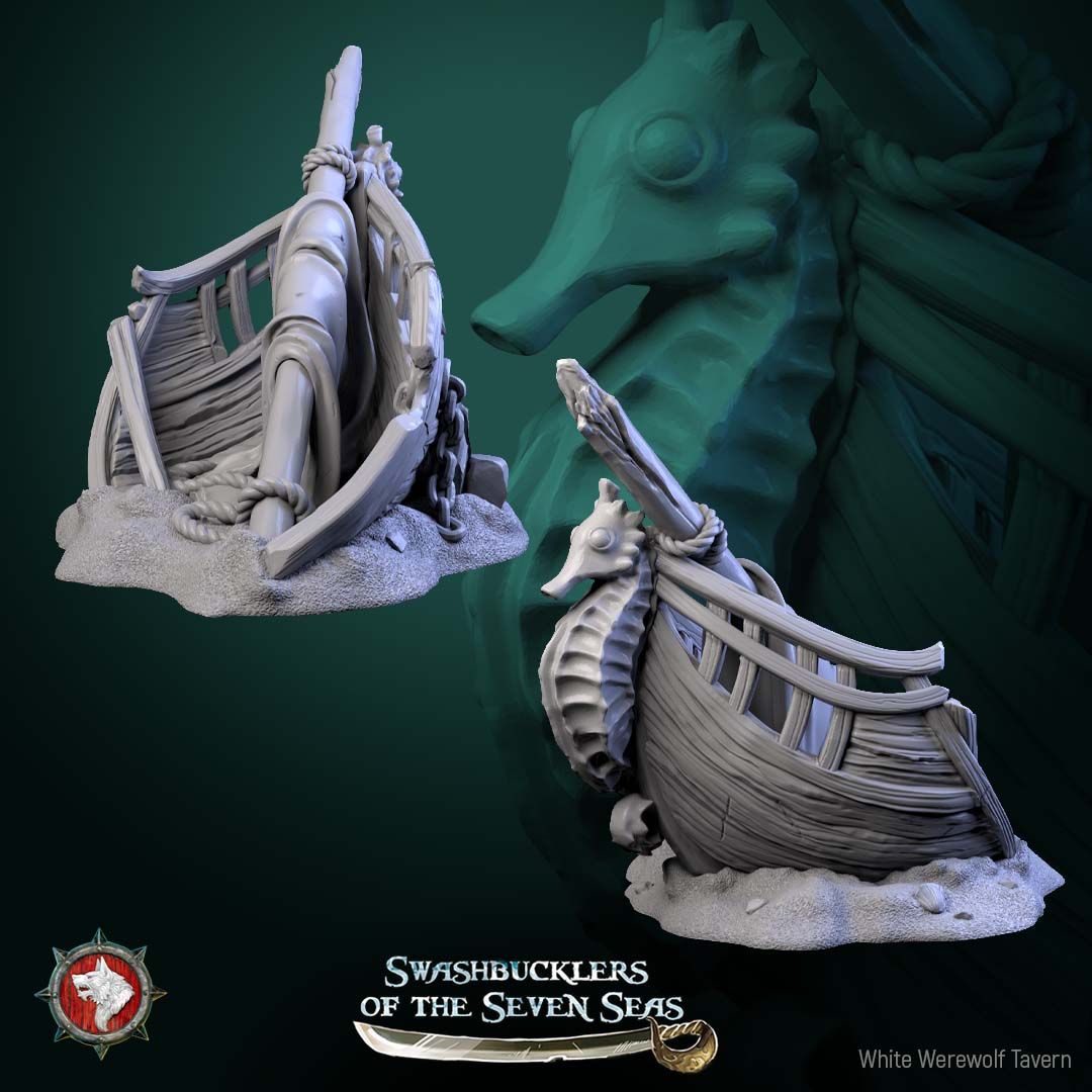 Render of Sunken Ship | 32mm Shipwreck Terrain Piece: Wrecked boat with seahorse figurehead, broken mast, and skull on a sand bank, from White Werewolf's Swashbucklers of the Seven Seas. 32mm resin terrain.