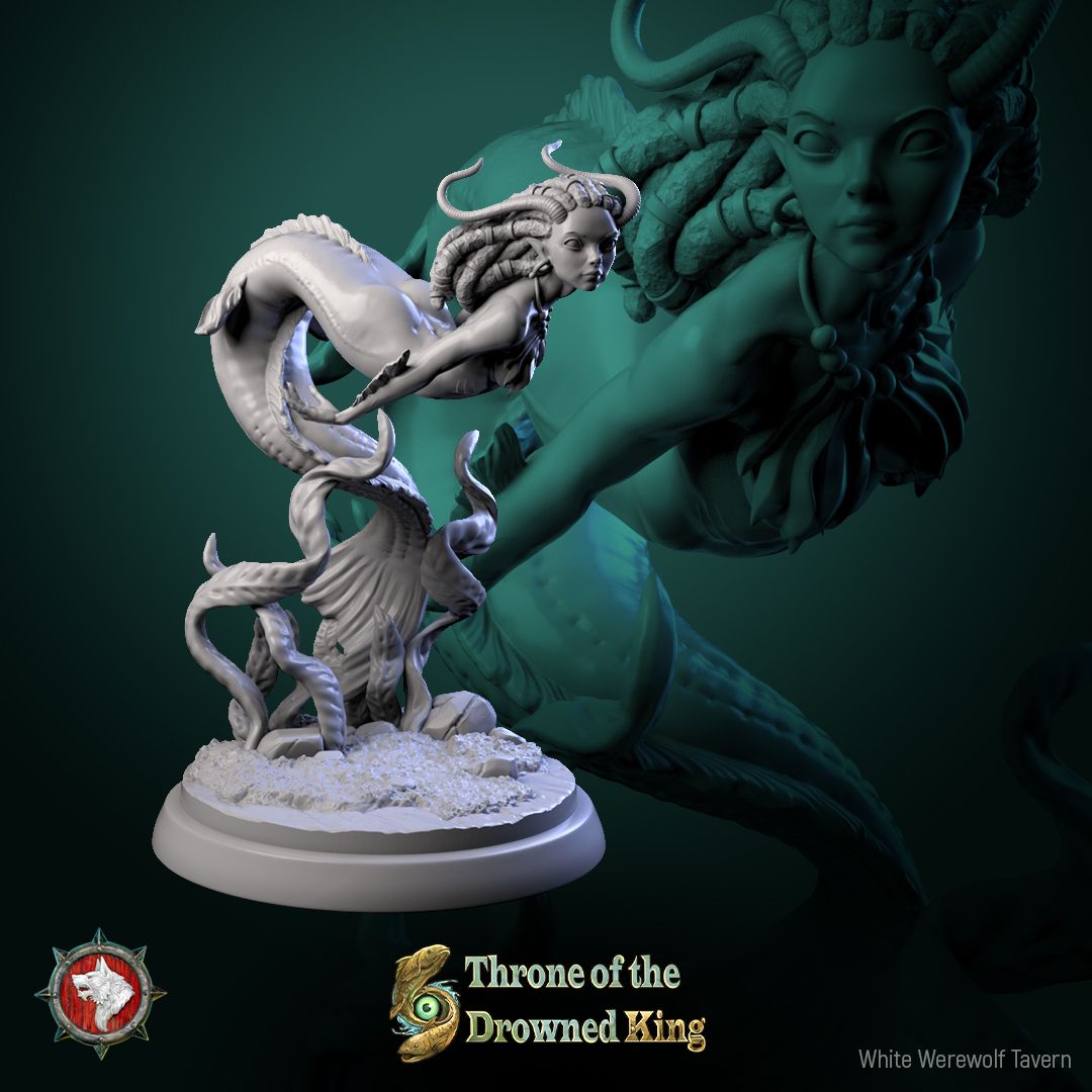 Render of The Brackwater Siren | 32-75mm Eel Siren Miniature: Horned dreadlocked siren with eel tail coiled over tentacles, from White Werewolf's Throne of the Drowned King. 32-75mm 3D printed resin miniature.