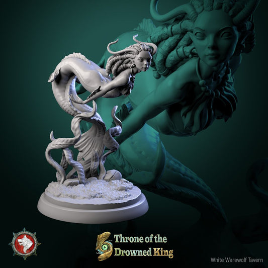 Render of The Brackwater Siren | 32-75mm Eel Siren Miniature: Horned dreadlocked siren with eel tail coiled over tentacles, from White Werewolf's Throne of the Drowned King. 32-75mm 3D printed resin miniature.