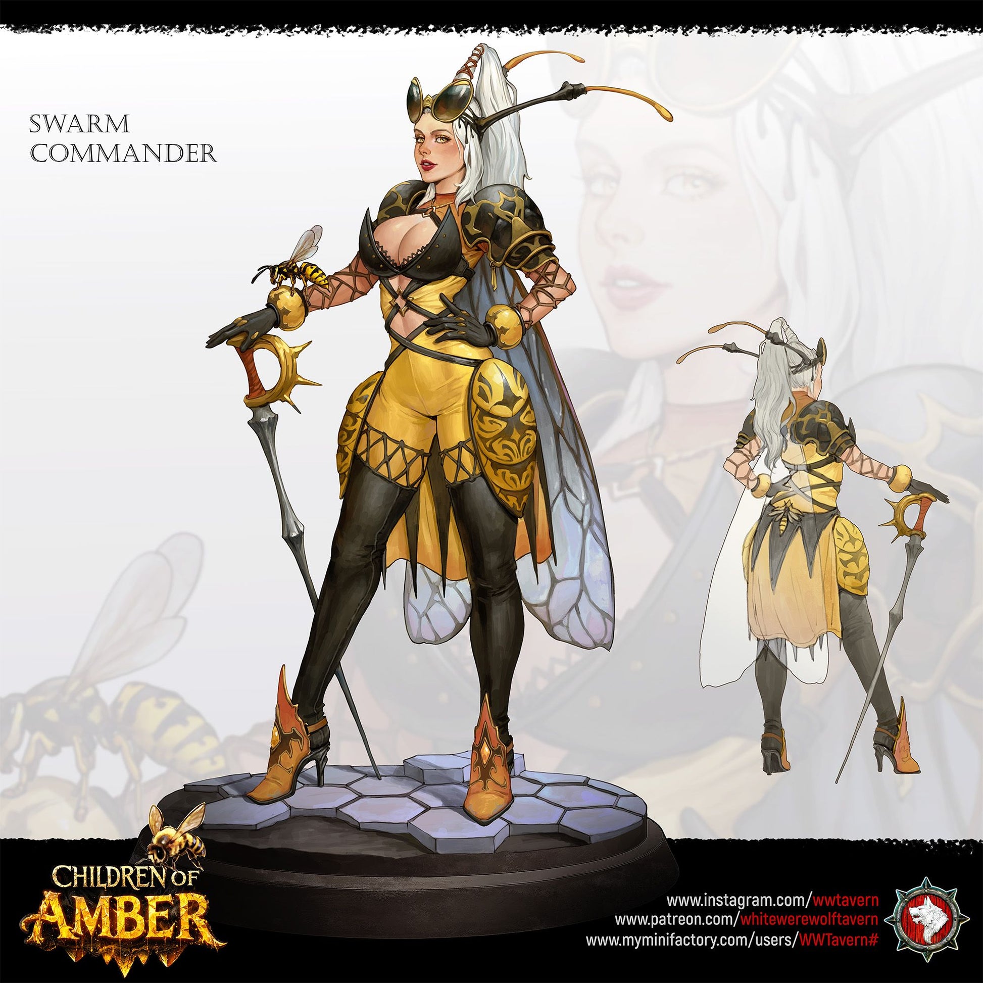 Render of Swarm Commander | 32-75mm Fantasy Female Insect Hero Miniature: Female insect-kin hive commander with a rapier, hive buckler, and honeybee companion, from White Werewolf's Children of Amber. 32-75mm 3D printed resin.