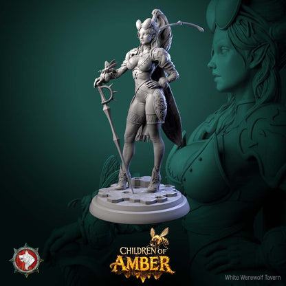 Render of Swarm Commander | 32-75mm Fantasy Female Insect Hero Miniature: Female insect-kin hive commander with a rapier, hive buckler, and honeybee companion, from White Werewolf's Children of Amber. 32-75mm 3D printed resin.