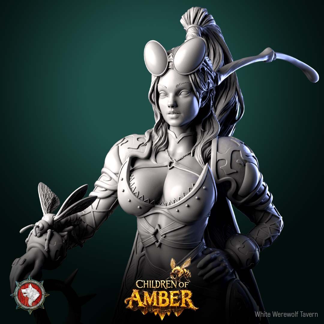 Render of Swarm Commander | 32-75mm Fantasy Female Insect Hero Miniature: Female insect-kin hive commander with a rapier, hive buckler, and honeybee companion, from White Werewolf's Children of Amber. 32-75mm 3D printed resin.