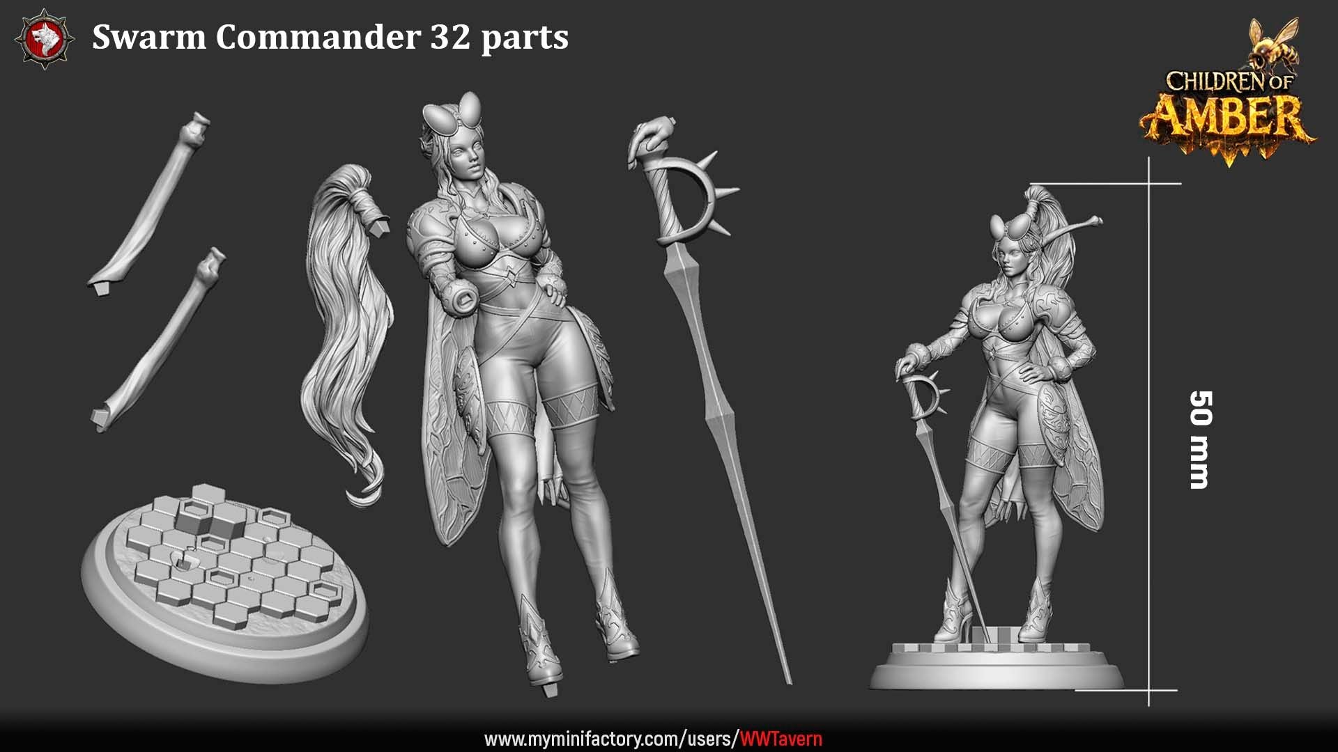 Render of Swarm Commander | 32-75mm Fantasy Female Insect Hero Miniature: Female insect-kin hive commander with a rapier, hive buckler, and honeybee companion, from White Werewolf's Children of Amber. 32-75mm 3D printed resin.