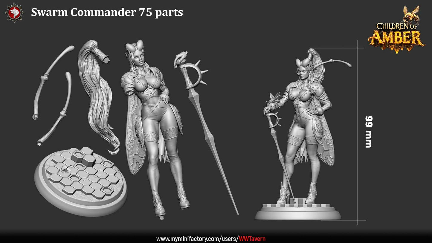 Render of Swarm Commander | 32-75mm Fantasy Female Insect Hero Miniature: Female insect-kin hive commander with a rapier, hive buckler, and honeybee companion, from White Werewolf's Children of Amber. 32-75mm 3D printed resin.