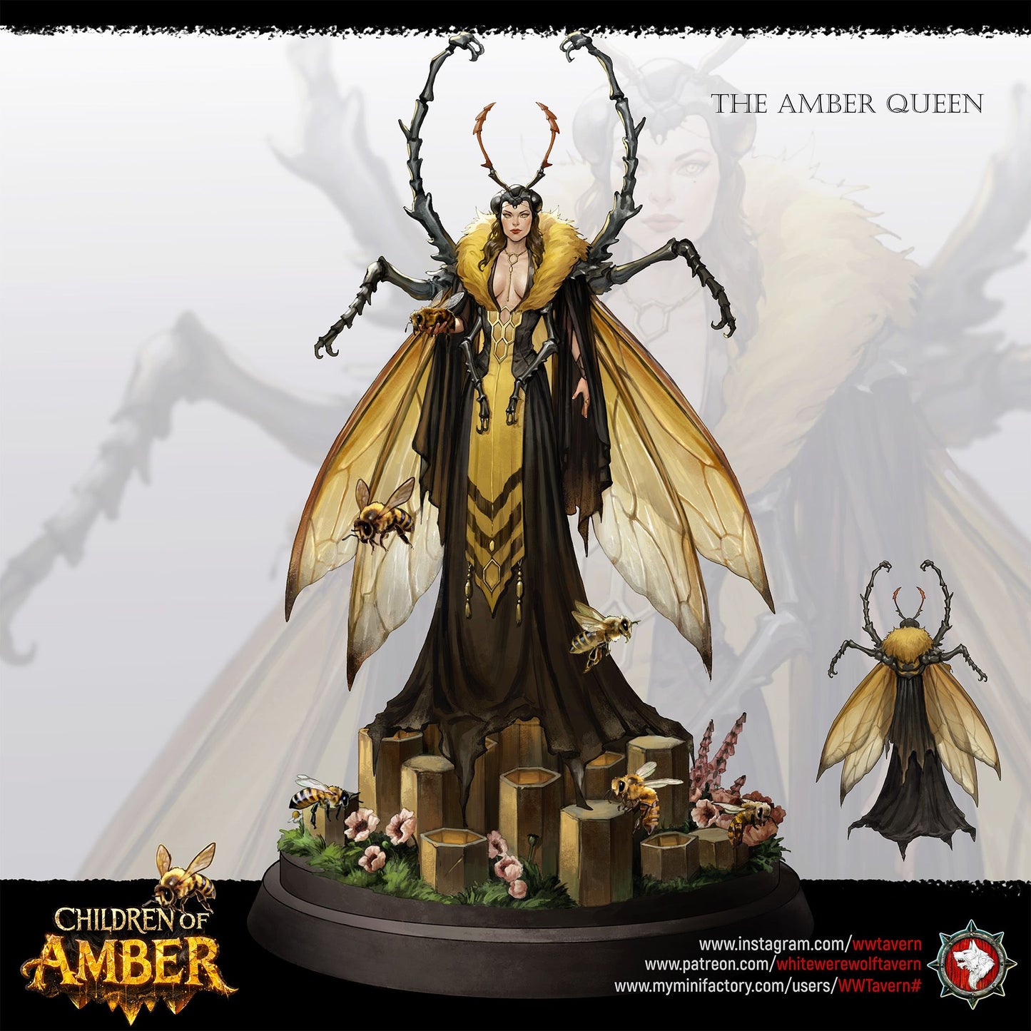 Render of The Amber Queen | 32-75mm Fantasy Insect Queen Miniature: Fey insect hive queen with chitin limbs, wasp wings, and a flowing gown, from White Werewolf's Children of Amber. 32mm and 75mm 3D printed resin centerpiece.