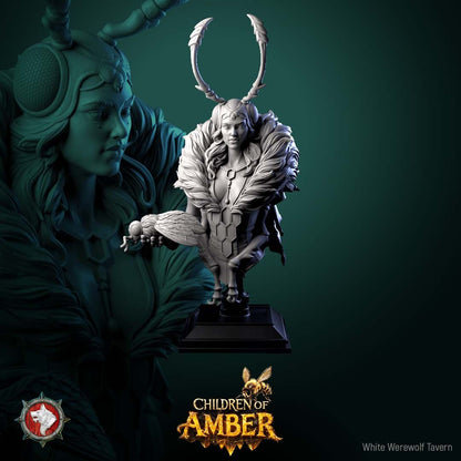 Render of The Amber Queen Bust | Fantasy Insect Queen Display Bust: A display bust of the fey insect hive queen from White Werewolf's Children of Amber, with antennae and fur mantle. Dark-fantasy 3D printed resin bust.