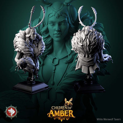 Render of The Amber Queen Bust | Fantasy Insect Queen Display Bust: A display bust of the fey insect hive queen from White Werewolf's Children of Amber, with antennae and fur mantle. Dark-fantasy 3D printed resin bust.