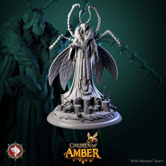 Render of The Amber Queen | 32-75mm Fantasy Insect Queen Miniature: Fey insect hive queen with chitin limbs, wasp wings, and a flowing gown, from White Werewolf's Children of Amber. 32mm and 75mm 3D printed resin centerpiece.