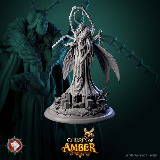 Render of The Amber Queen | 32-75mm Fantasy Insect Queen Miniature: Fey insect hive queen with chitin limbs, wasp wings, and a flowing gown, from White Werewolf's Children of Amber. 32mm and 75mm 3D printed resin centerpiece.