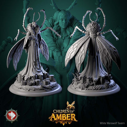 Render of The Amber Queen | 32-75mm Fantasy Insect Queen Miniature: Fey insect hive queen with chitin limbs, wasp wings, and a flowing gown, from White Werewolf's Children of Amber. 32mm and 75mm 3D printed resin centerpiece.