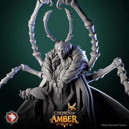 Render of The Amber Queen | 32-75mm Fantasy Insect Queen Miniature: Fey insect hive queen with chitin limbs, wasp wings, and a flowing gown, from White Werewolf's Children of Amber. 32mm and 75mm 3D printed resin centerpiece.