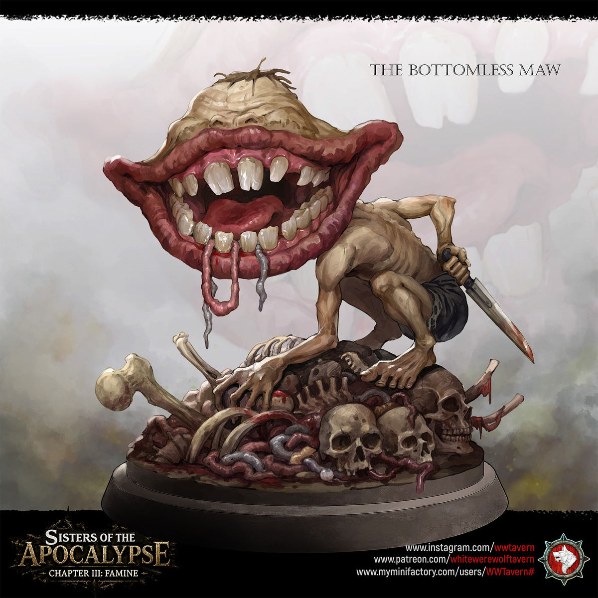 Painted studio artwork of a Bottomless Maw horror crouched over a heap of bones, White Werewolf Tavern.