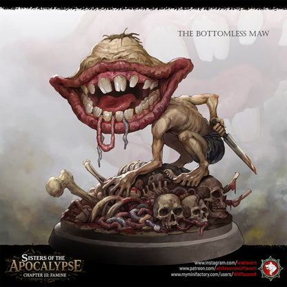 Painted studio artwork of a Bottomless Maw horror crouched over a heap of bones, White Werewolf Tavern.